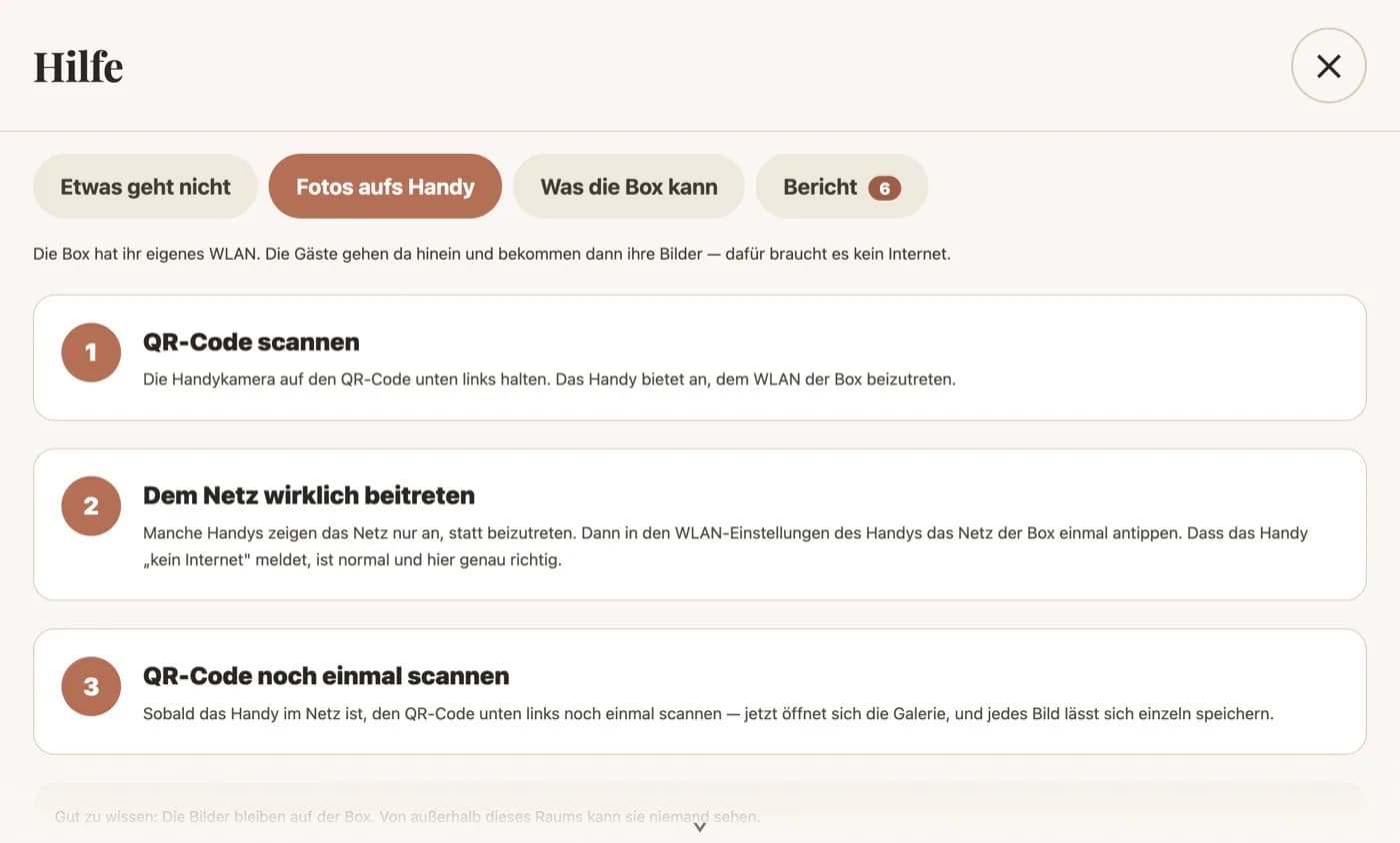 Hilfe-Bildschirm der BoxShot-Fotobox mit drei Schritten: QR-Code scannen, dem Netz beitreten, QR-Code erneut scannen