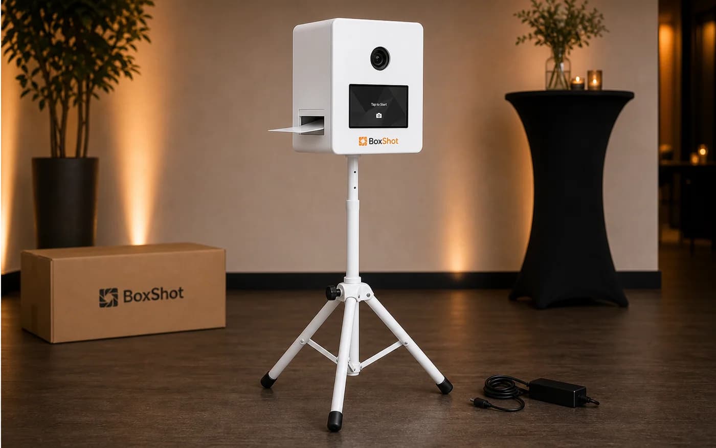 Aufgebaute BoxShot Fotobox auf einem Stativ