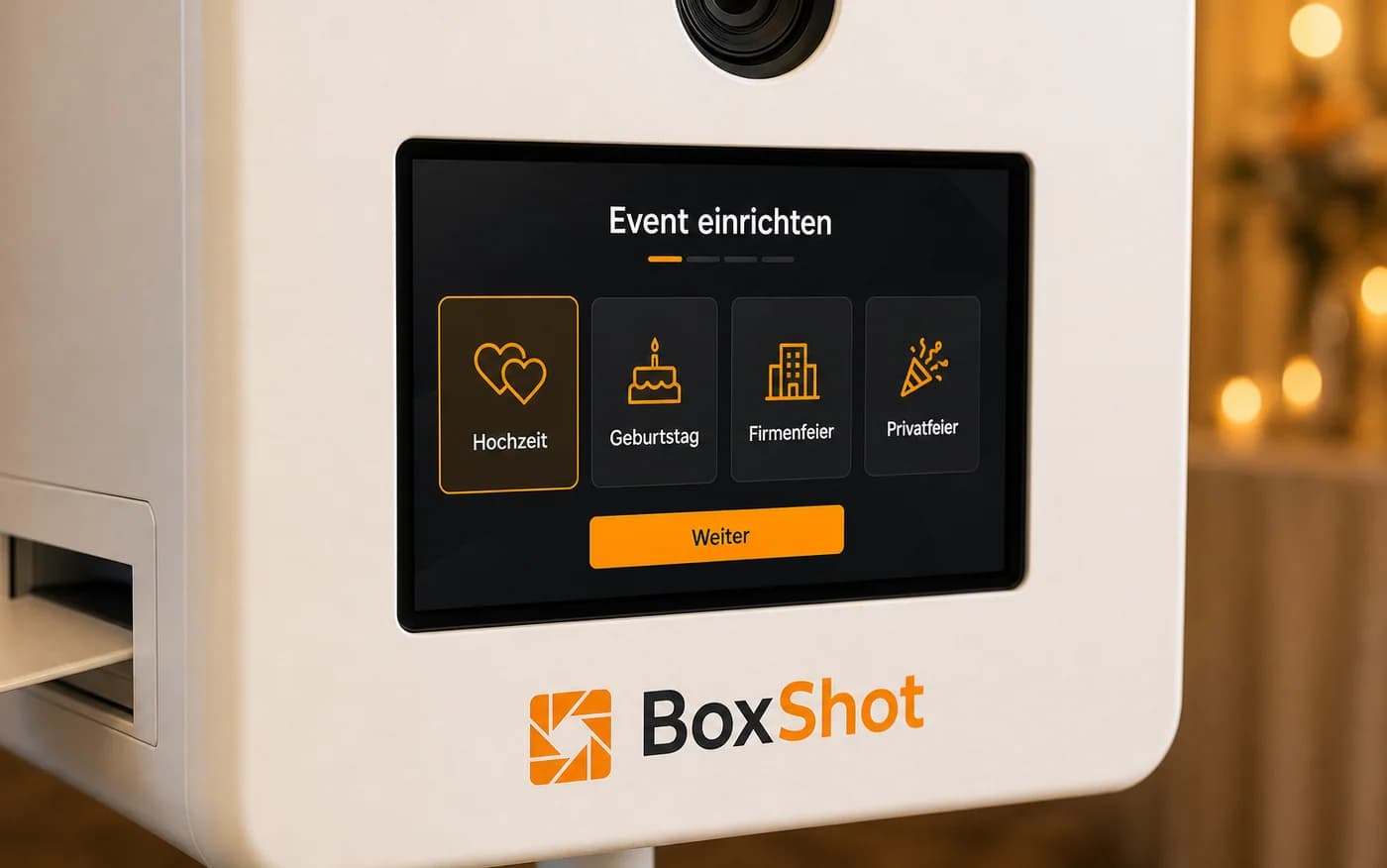 Touchscreen der BoxShot Fotobox mit Event-Einrichtung