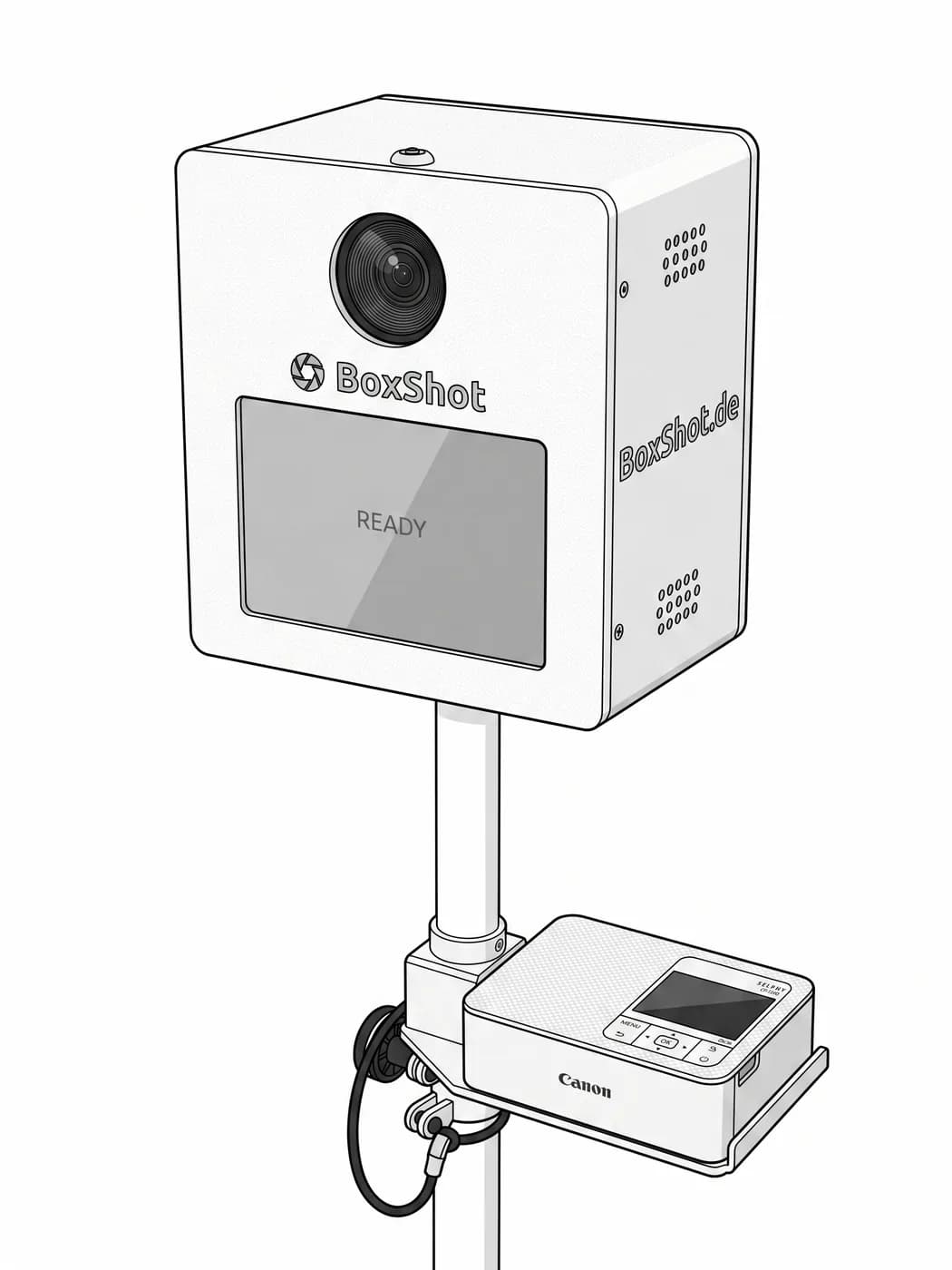 Fertig aufgebaute BoxShot Fotobox auf dem Stativ, daneben der Canon SELPHY Drucker auf der Ablage