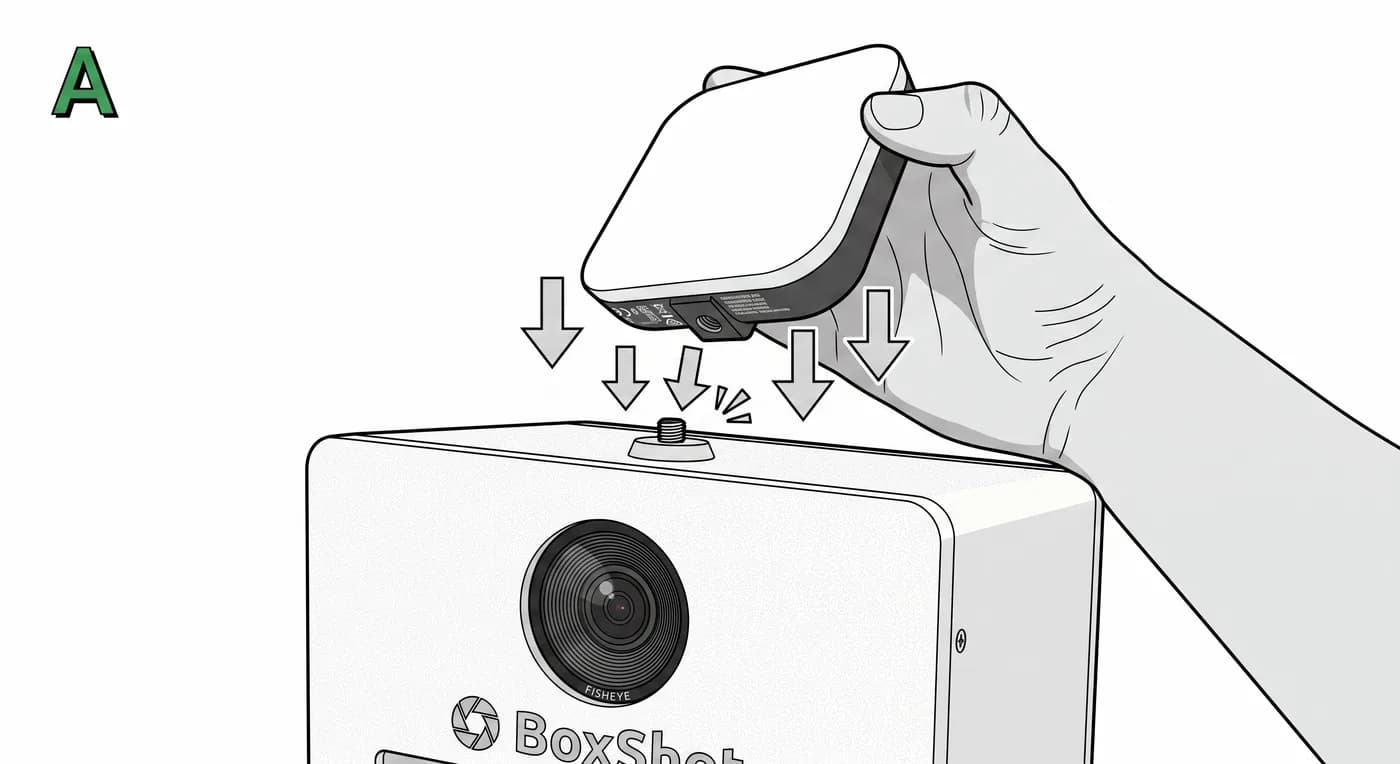 LED-Leuchte wird auf das Gewinde oben auf der Fotobox aufgesetzt