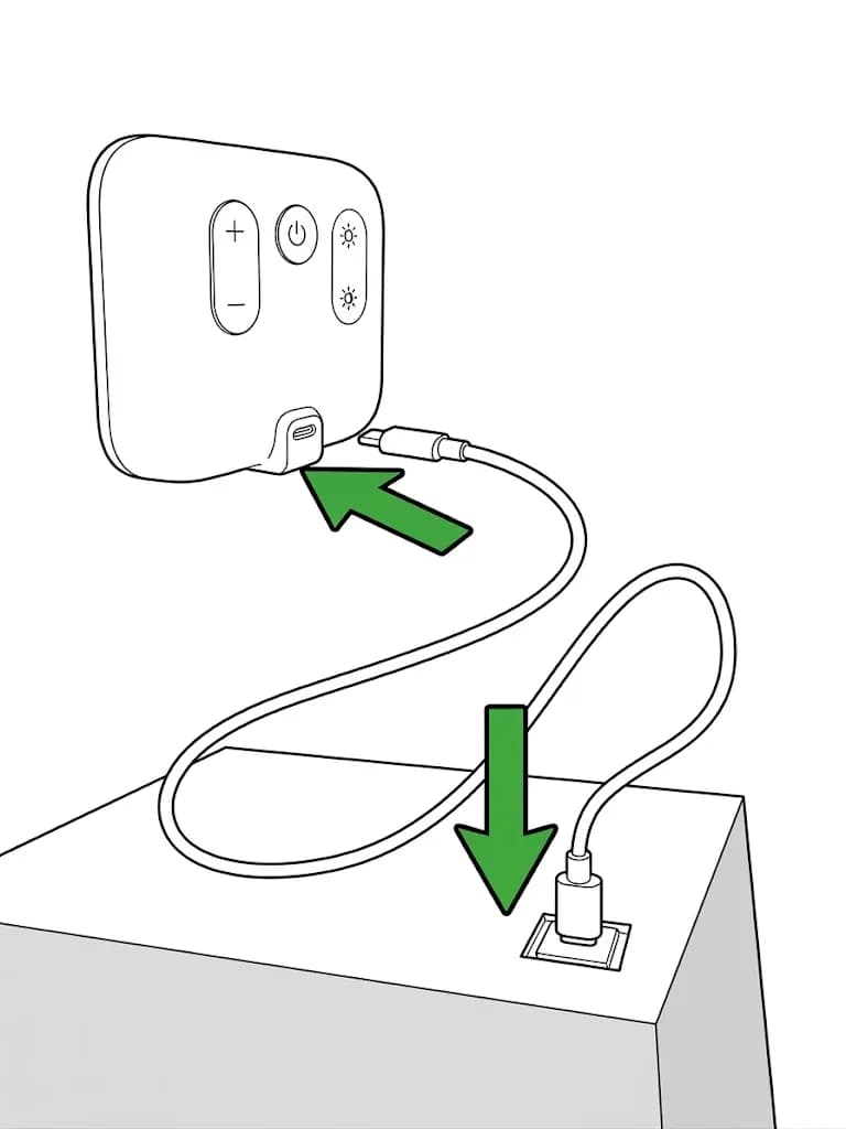 USB-C-Kabel wird seitlich in die LED-Leuchte gesteckt, das Netzteil in die Steckdose