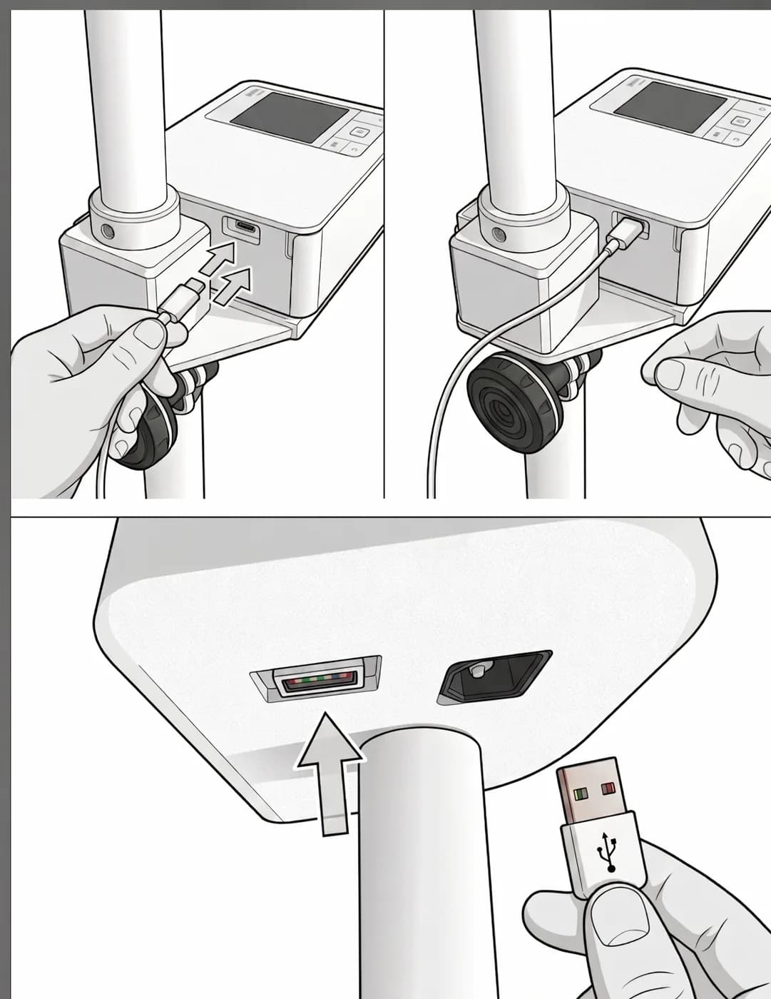 USB-Kabel wird in den Drucker und in die Unterseite der Fotobox gesteckt