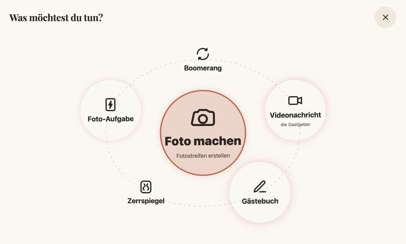 Auswahlbildschirm der BoxShot-Fotobox: Foto machen groß in der Mitte, darum im Kreis Boomerang, Videonachricht, Gästebuch, Zerrspiegel und Foto-Aufgabe