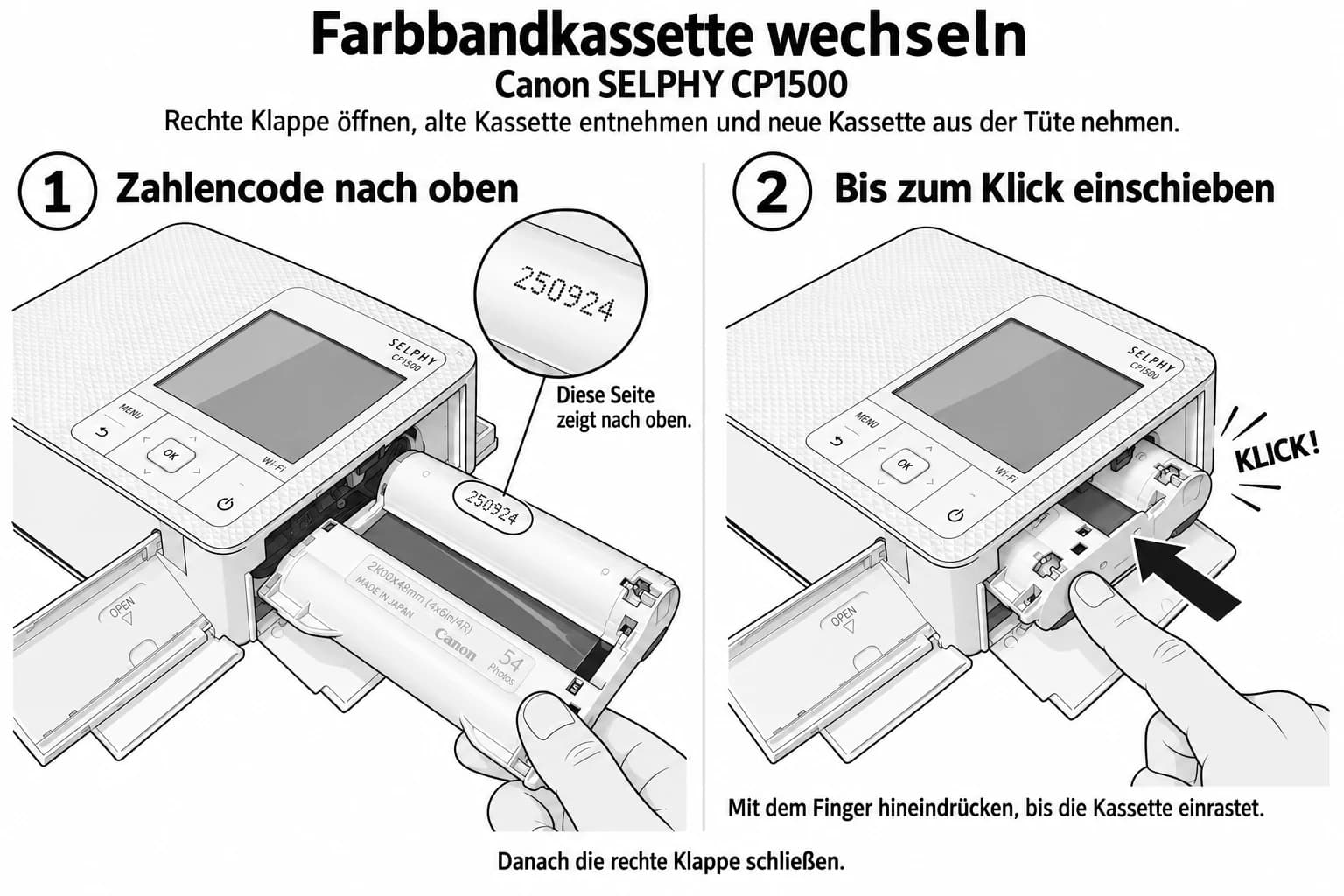 Farbbandkassette am Canon SELPHY CP1500 wechseln: 1. Kassette mit dem Zahlencode nach oben halten. 2. Mit dem Finger einschieben, bis sie hörbar einrastet. Danach die rechte Klappe schließen.