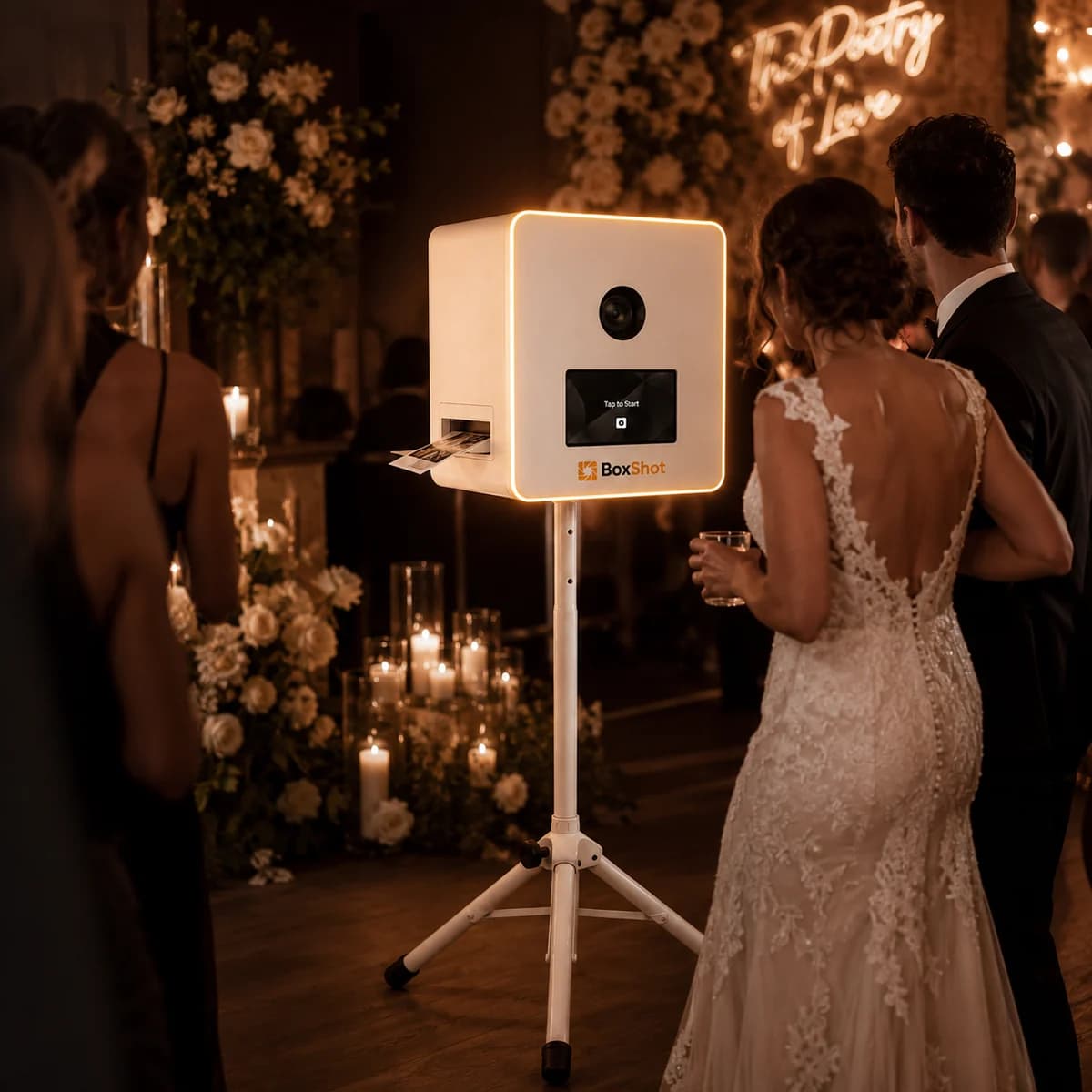 Fotobox auf einer Feier mit Gästen und frisch gedrucktem Fotostreifen