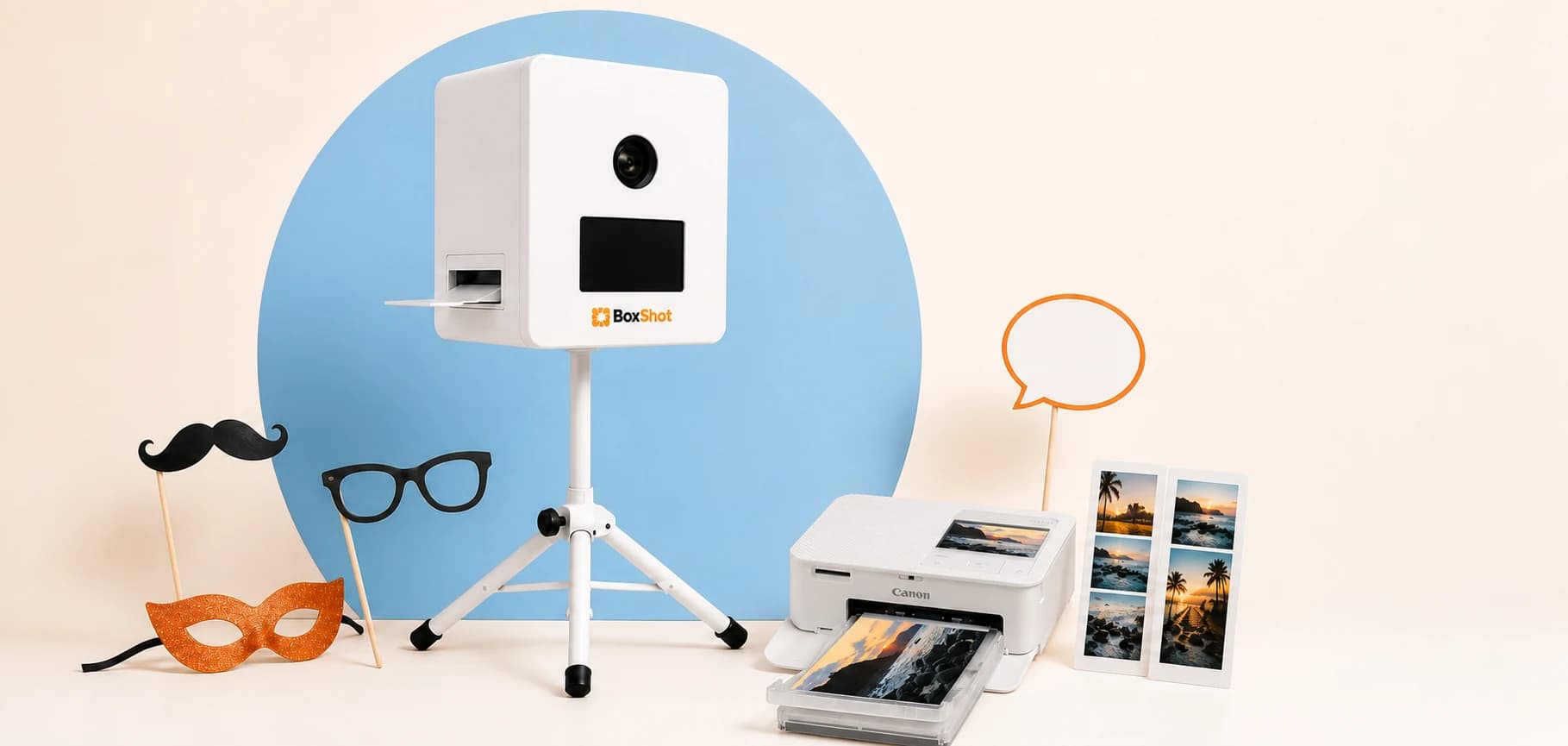 BoxShot Print-Paket mit Fotobox, Canon-Selphy-Sofortdrucker und Requisiten